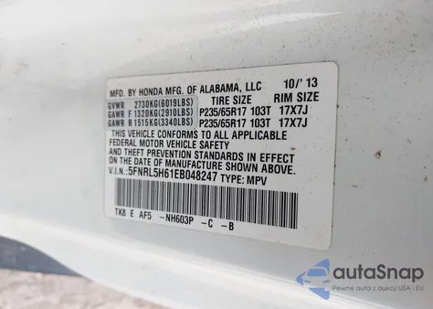 2014 Honda Odyssey Ex-L z USA, uszkodzony, nr VIN 5FNRL5H61EB048247